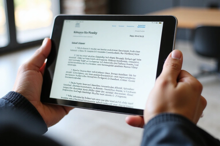 A person reading terms and conditions on a tablet, symbolizing agreement and legal aspects of online services.